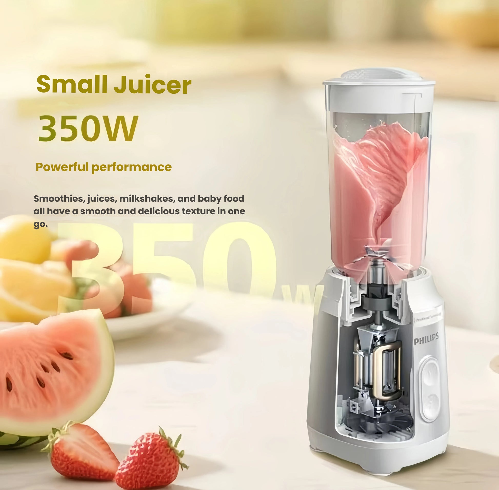 Philips Avent 350W baby food maker blending a pink smoothie with powerful performance—creates silky textures for baby food, juices, milkshakes, and more in one go.