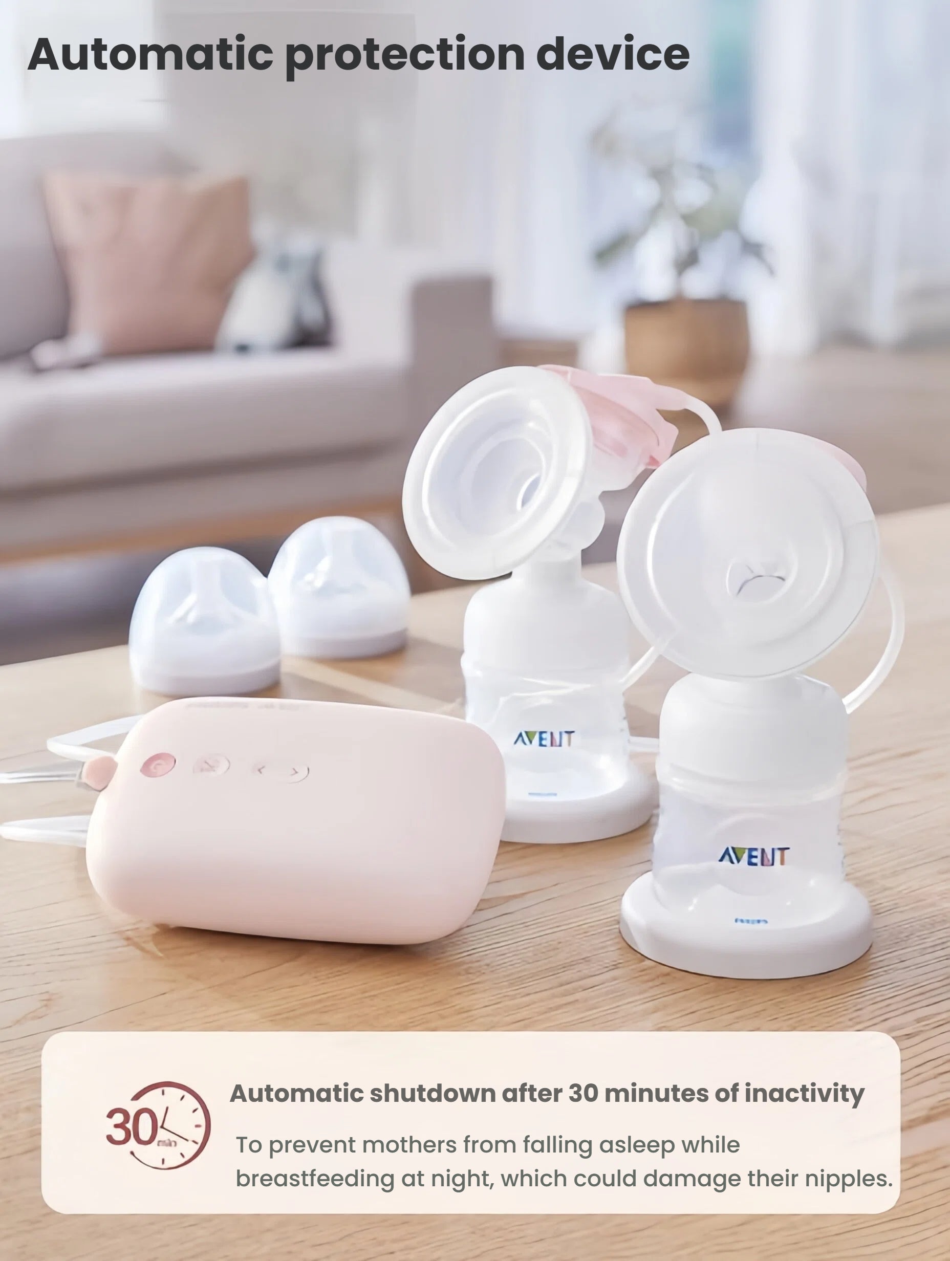 Philips Avent breast pump kit displayed on wooden table with motor unit, bottles, caps, and text highlighting automatic shutdown after 30 minutes of inactivity for safety.
