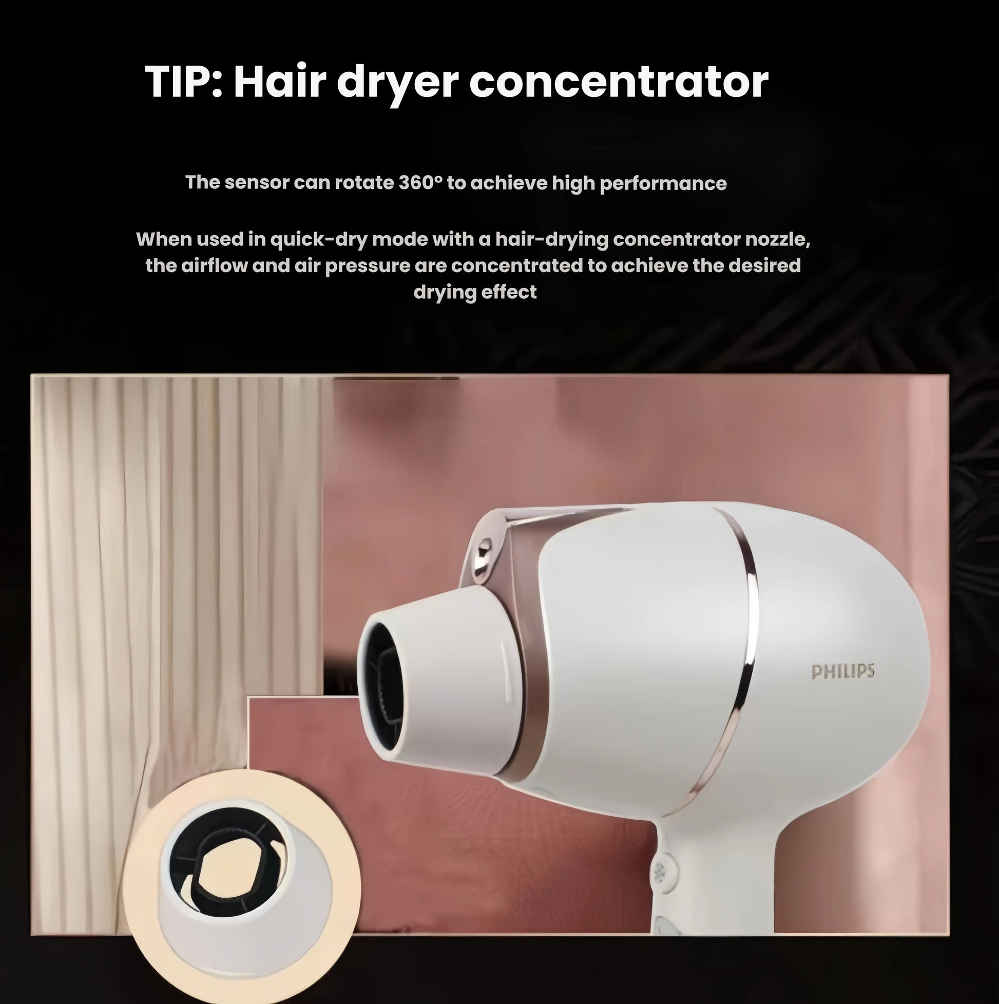 Philips Prestige hair dryer with concentrator nozzle attached, delivering focused airflow and high air pressure for precise styling and faster drying.