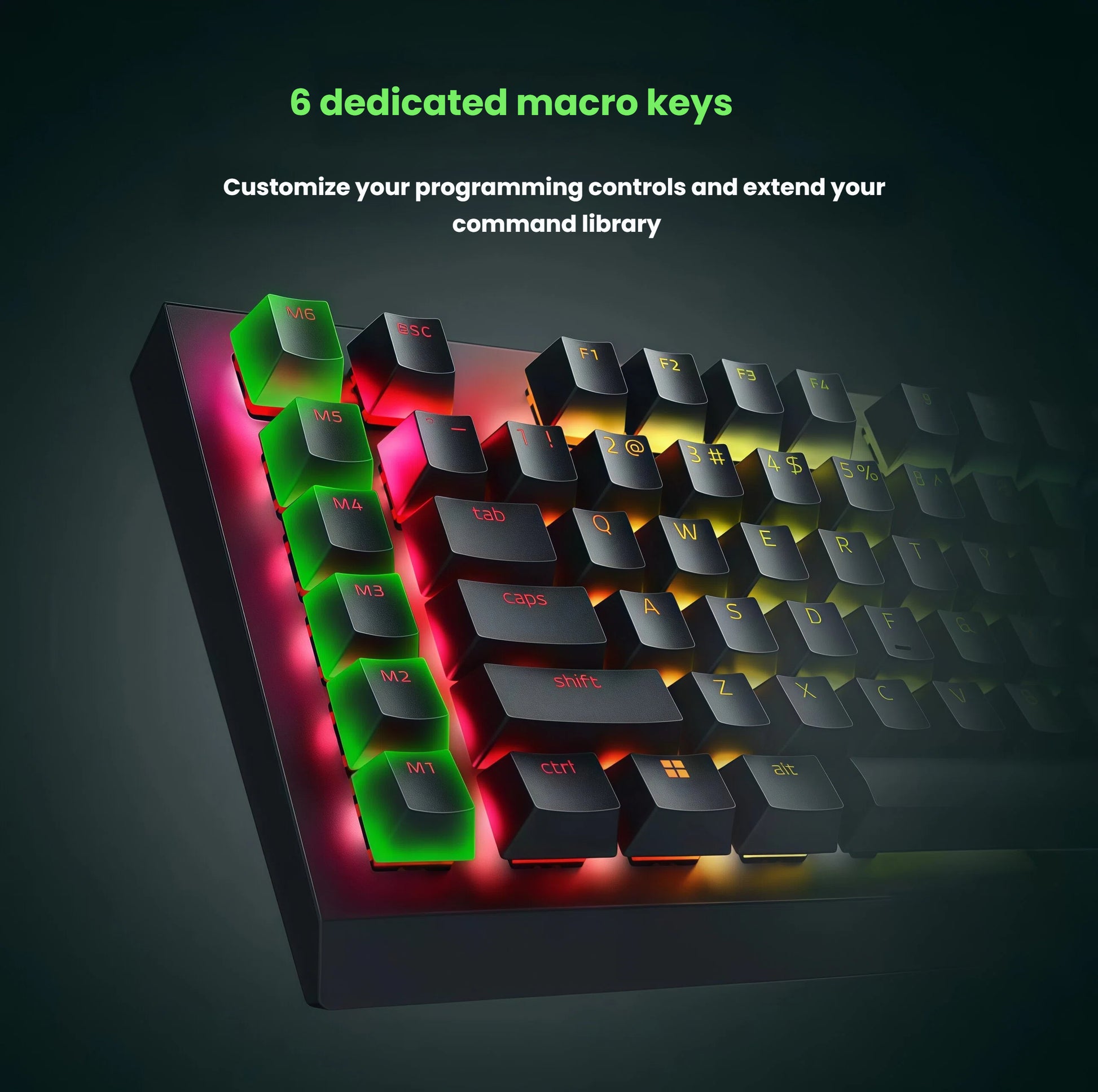 Angled view of the Razer BlackWidow V4 X keyboard highlighting six dedicated macro keys (M1–M6) on the left side, allowing gamers to customize complex commands and expand their in-game control library.