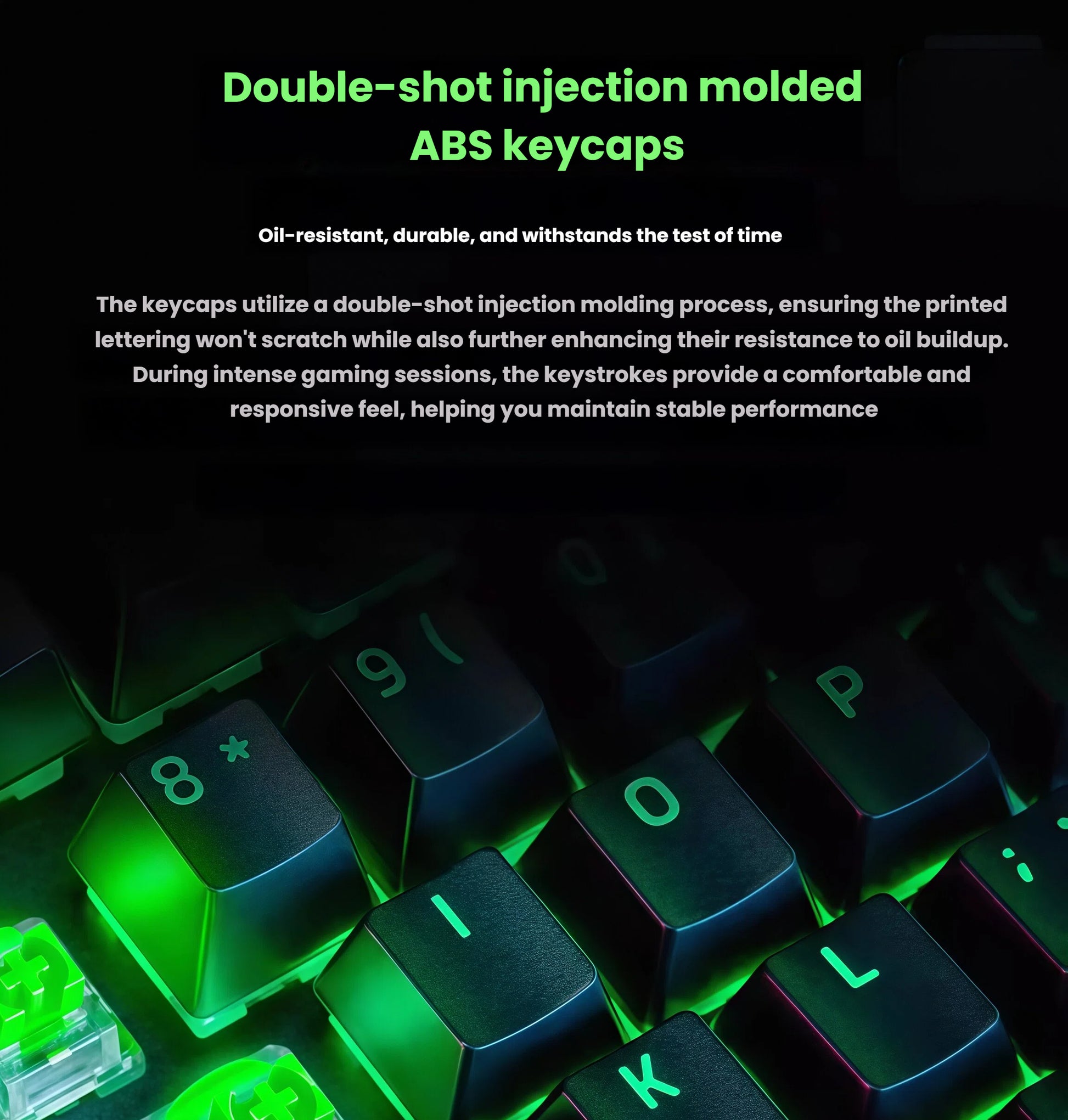 Close-up of the Razer BlackWidow V4 X’s double-shot injection molded ABS keycaps, showcasing durable, oil-resistant construction with anti-scratch printed lettering for long-lasting performance during intense gaming sessions.