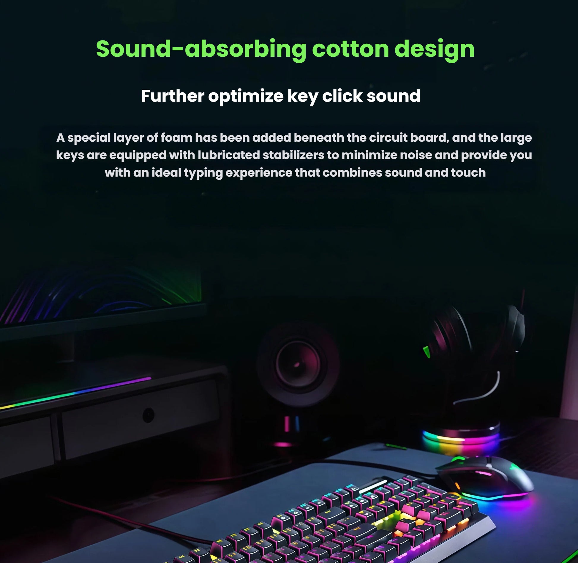 Desk setup featuring the Razer BlackWidow V4 X mechanical keyboard with sound-absorbing cotton layer beneath the circuit board and lubricated stabilizers, minimizing key click noise for a quiet and responsive typing experience.