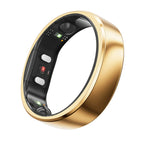 Detailed shot of the brushed gold RingConn Gen 2 ring’s sensor array, emphasizing 2 mm thickness and 2 g weight.