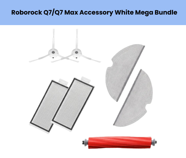 All-in-one white-trim accessory bundle for Roborock Q7 and Q7 Max: includes 1 red main roller brush, 2 white side brushes, 2 HEPA filters, and 2 washable mop pads for extended vacuum-and-mop efficiency.