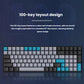 Top-down diagram of the Royal Kludge RK100 keyboard’s 100-key layout. The design combines a clean, simple structure with an overall size comparable to a standard 87-key keyboard, reducing desktop space usage while retaining full functionality.