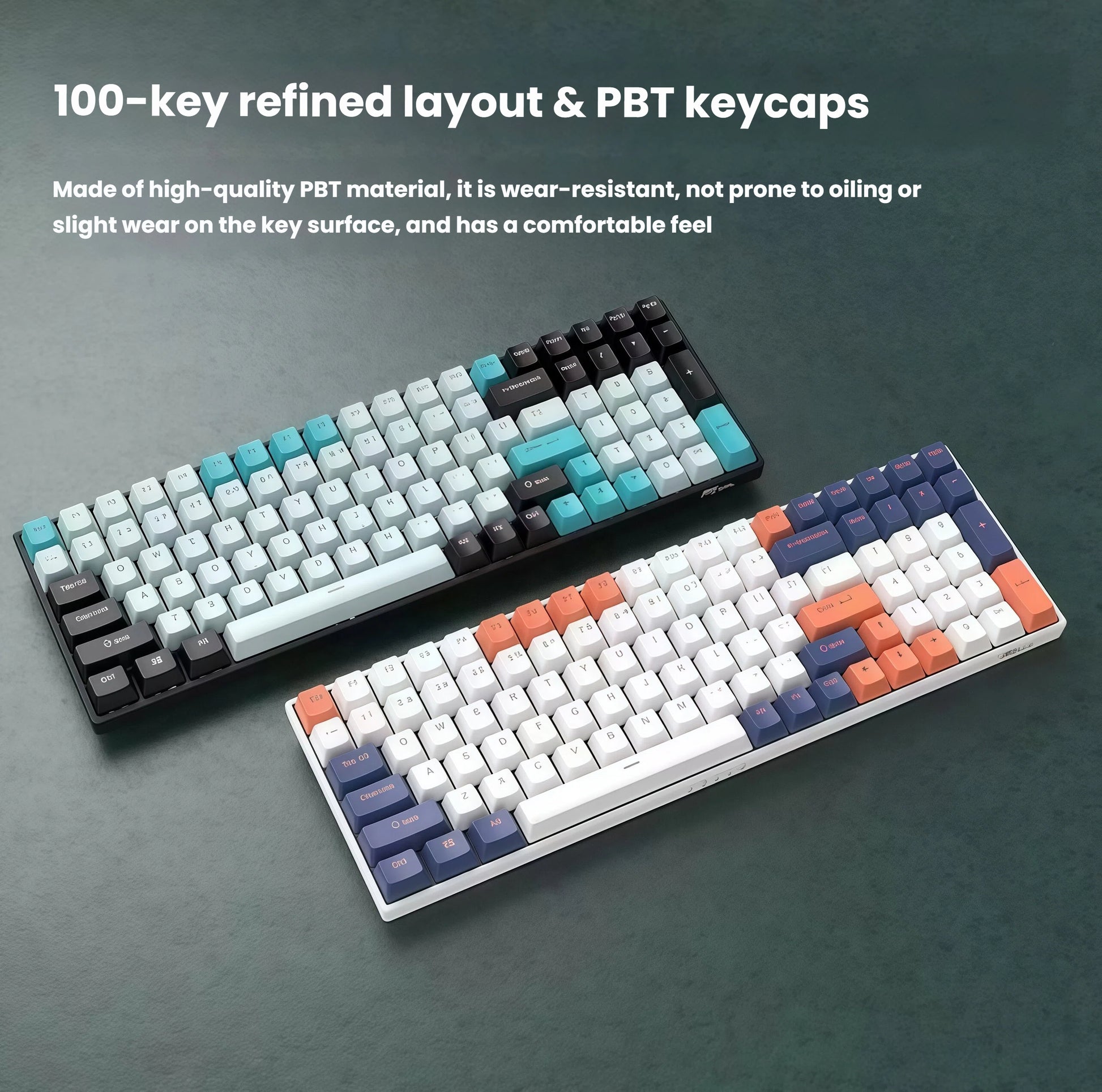 Two Royal Kludge RK100 keyboards displayed side by side — one in black with blue accents, the other in white with orange and purple keys. Both feature a 100-key refined layout with high-quality PBT keycaps that resist wear and oiling, offering a premium typing experience.