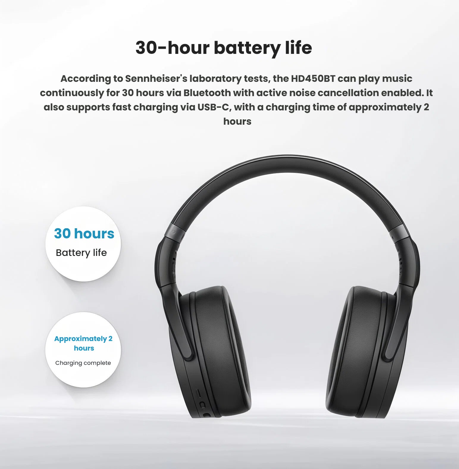 Sennheiser HD 450BT wireless headphones with 30-hour battery life and approximately 2-hour full charge via USB-C

