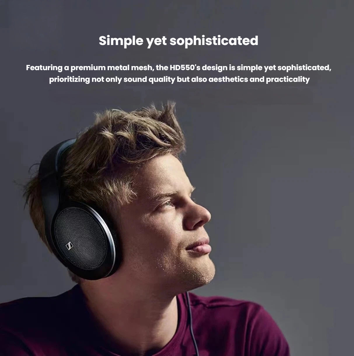 Man wearing Sennheiser HD 550 open-back headphones in a relaxed setting — highlighting simple yet sophisticated design with premium metal mesh, ideal for long listening sessions and audiophile use.