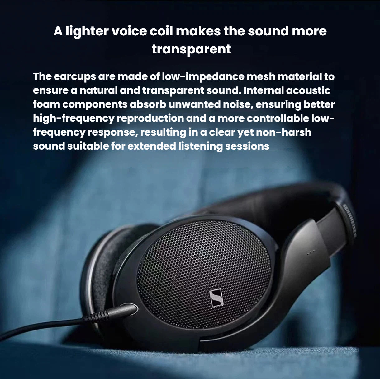 Close-up of Sennheiser HD 550 open-back headphones featuring a lightweight voice coil and low-impedance mesh earcup — designed for natural, transparent sound with clear high and low-frequency response.