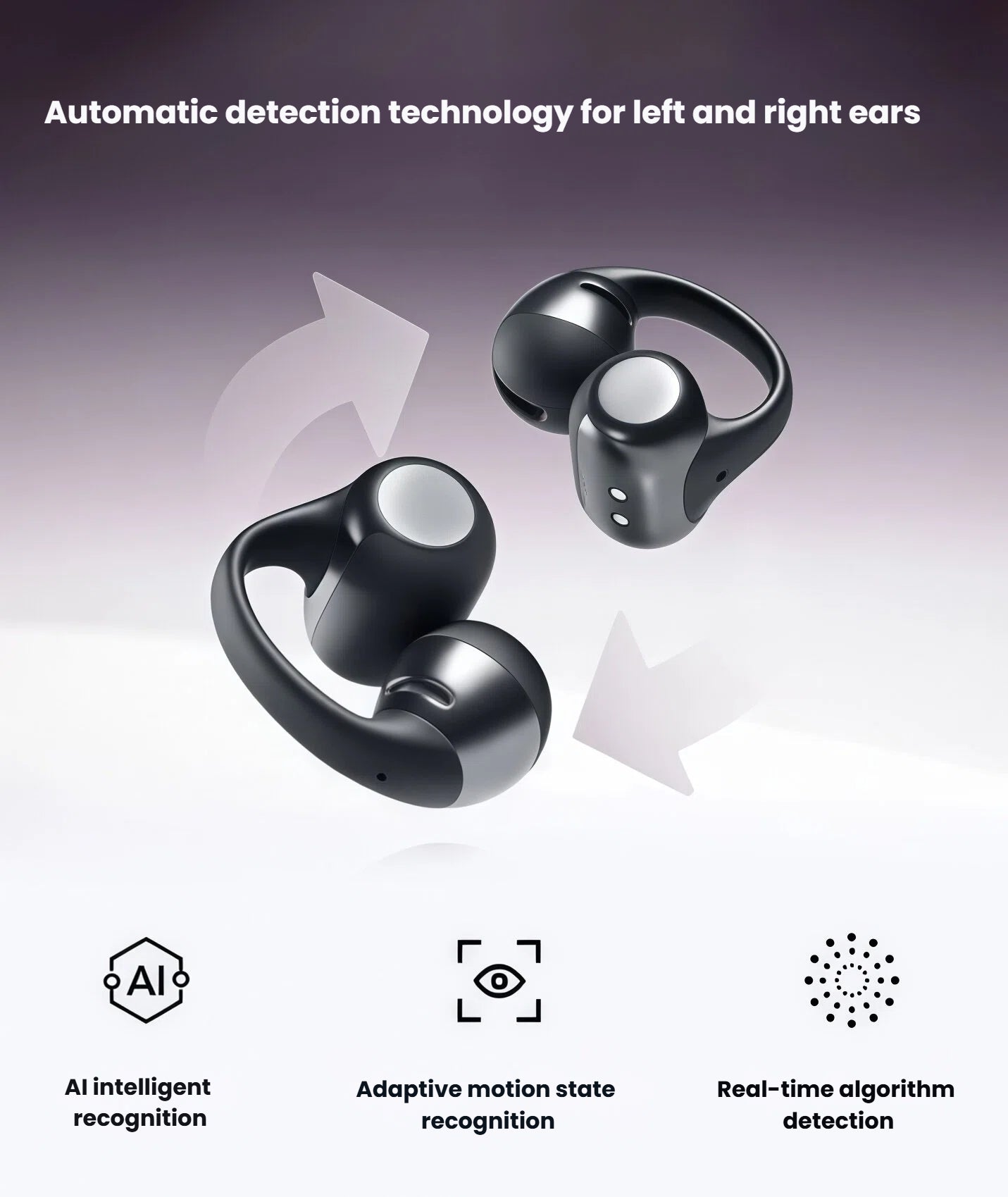 Shokz OpenDots One earbuds featuring AI intelligent recognition, adaptive motion state detection, and real-time algorithm detection for seamless auto-pairing and placement.