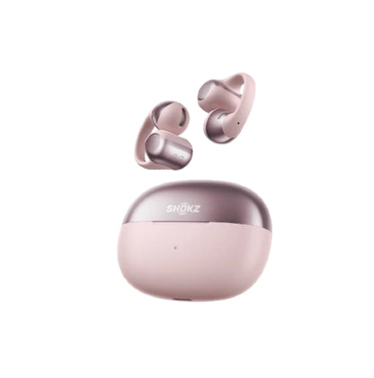 Rose gold Shokz OpenDots One open-ear earbuds displayed with charging case — fashionable, comfortable, and ideal for fitness lovers and everyday wear.