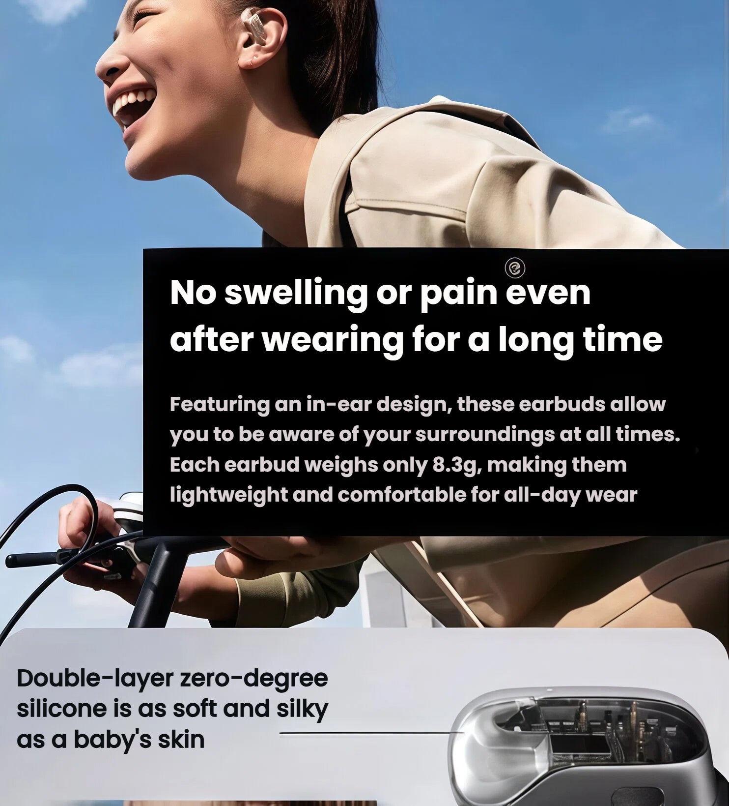 Woman riding bike with Shokz OpenFit wireless earbuds — lightweight in-ear design with double-layer zero-degree silicone for soft, pain-free wear.