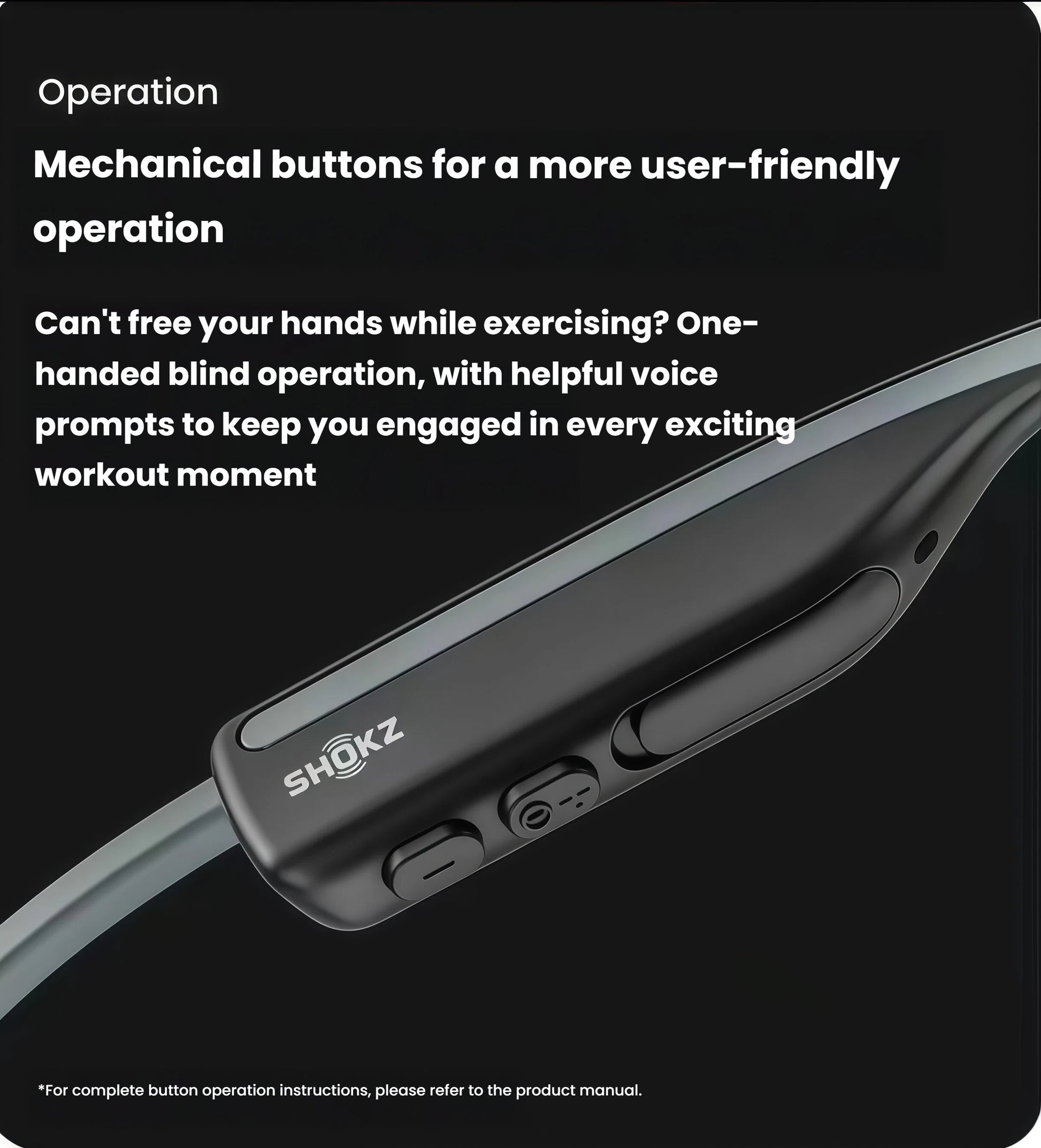 Close-up of Shokz OpenMove control panel with mechanical buttons for easy one-handed use during workouts, featuring voice prompts for intuitive operation.