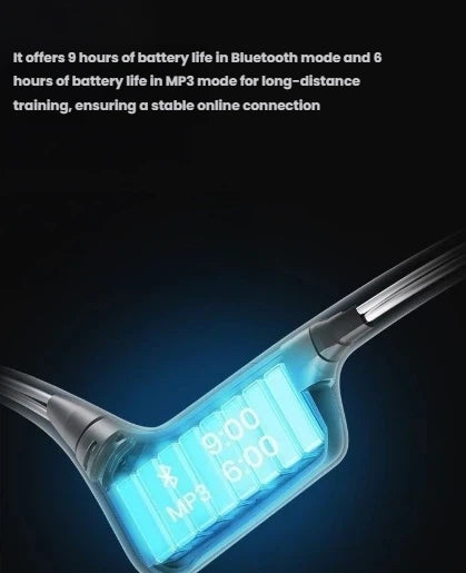 Shokz OpenSwim Pro internal battery display showing 9-hour Bluetooth and 6-hour MP3 mode endurance for long-distance training