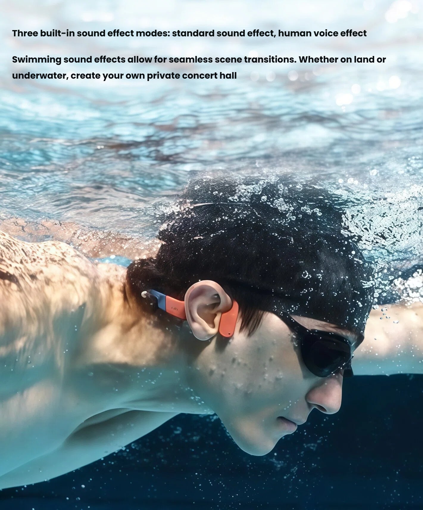 Swimmer using Shokz OpenSwim Pro underwater with built-in sound modes including standard, human voice, and swimming effect for immersive audio