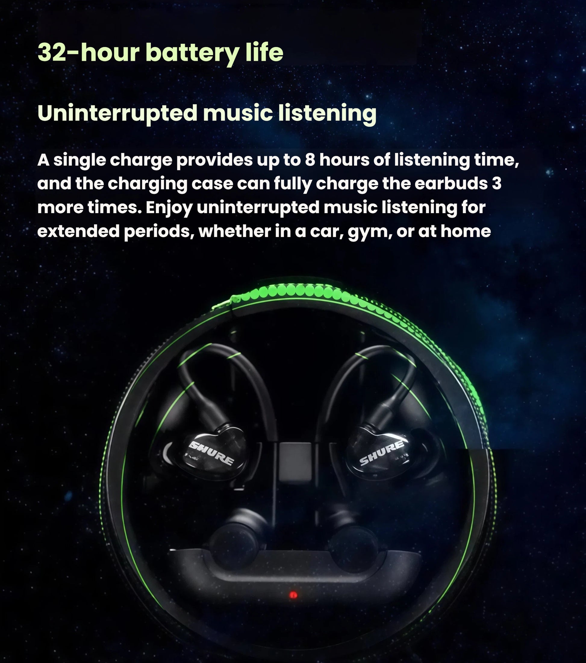 Shure AONIC 215 Gen 2 charging case with glowing green indicator — provides up to 8 hours per charge and 3 full recharges, totaling 32 hours of uninterrupted music listening.