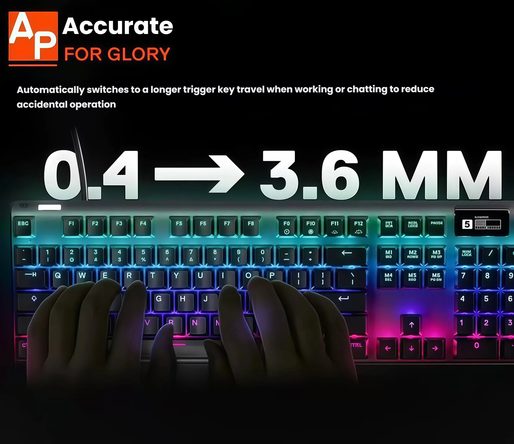 Hands typing on the SteelSeries Apex Pro keyboard highlighting its adjustable actuation feature that automatically shifts from 0.4mm for gaming to 3.6mm for typing, reducing accidental presses during work or chat.