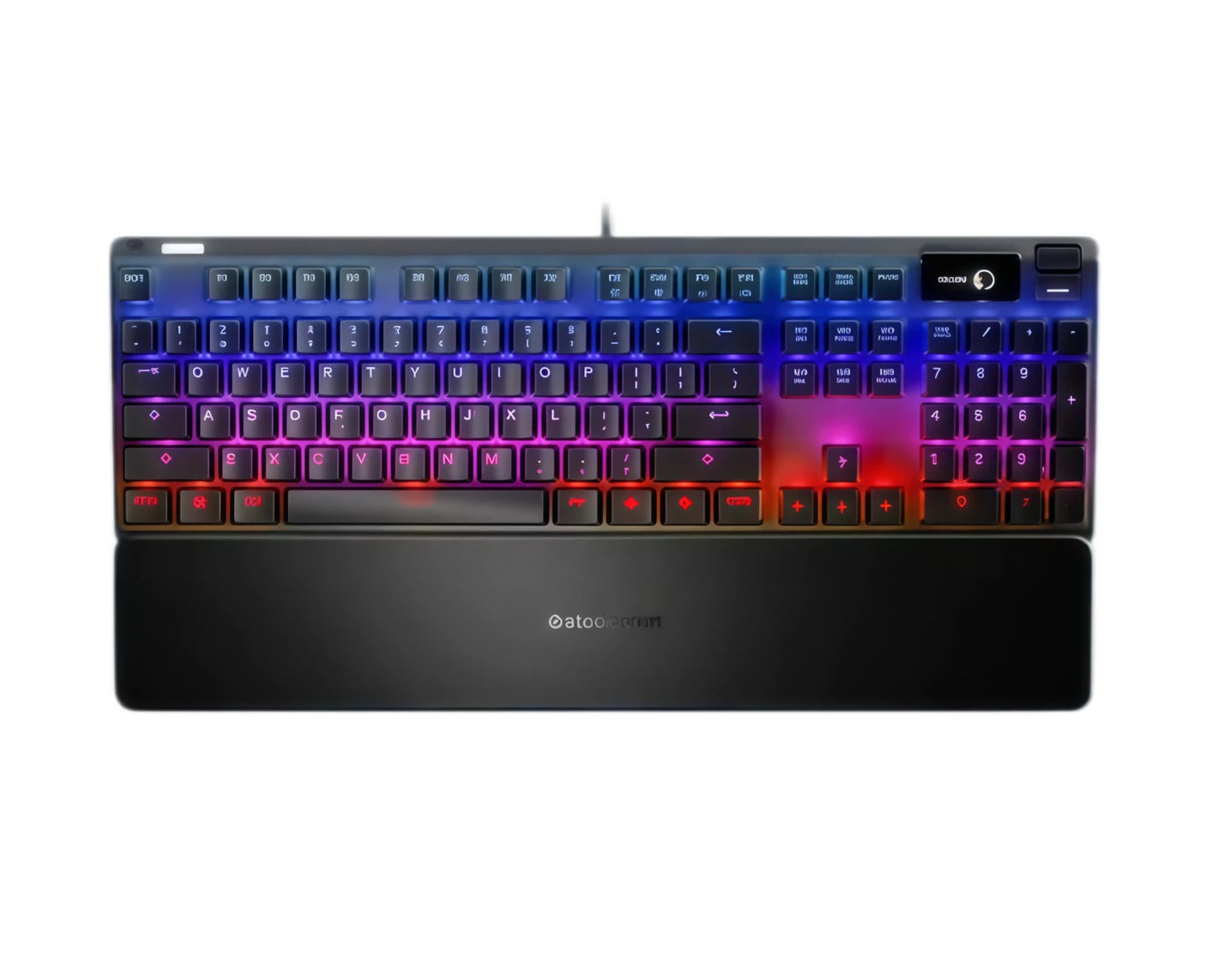 Front view of the SteelSeries Apex Pro full-size mechanical gaming keyboard with dynamic RGB lighting, black matte finish, integrated media controls, and customizable keycaps for professional gamers.