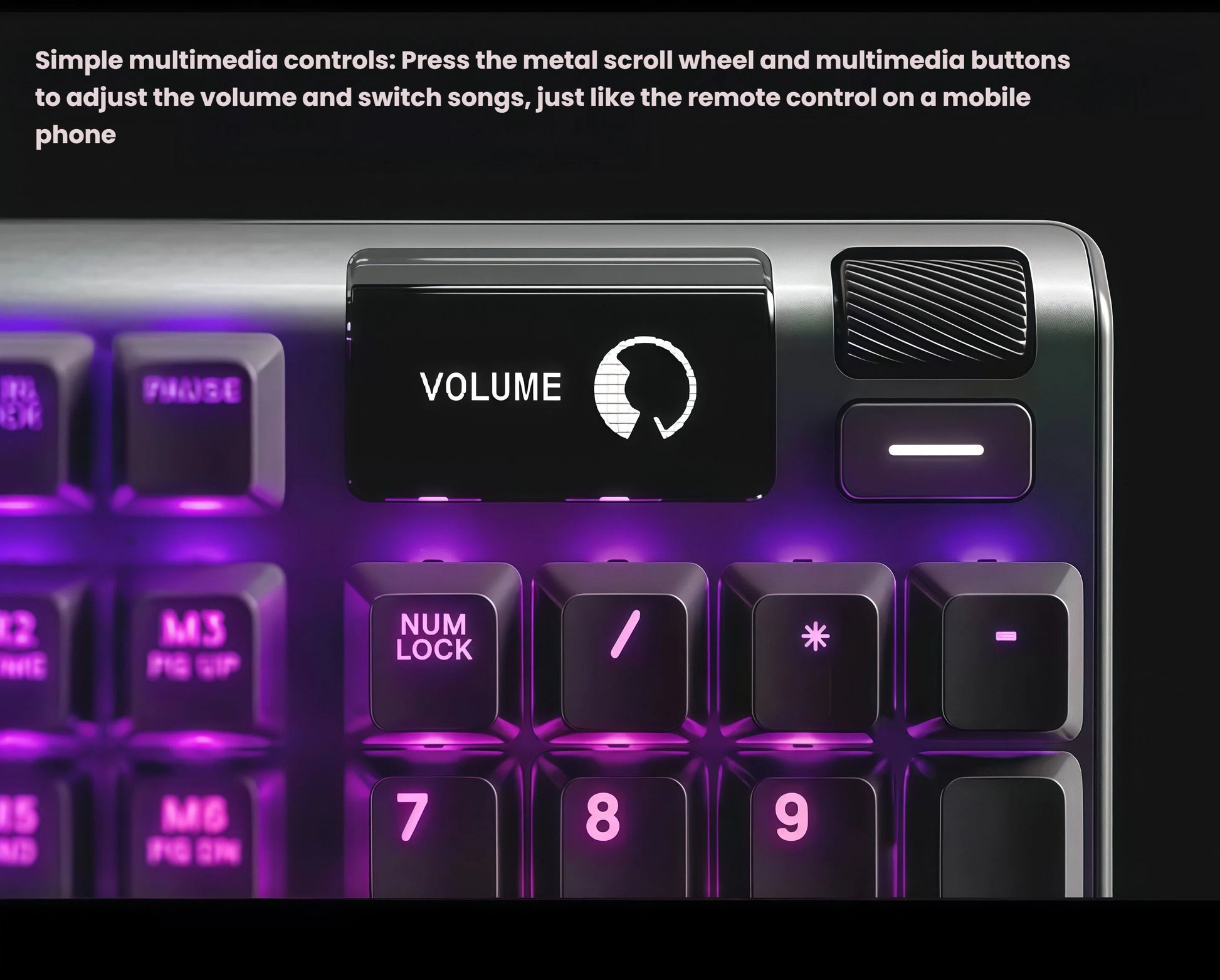 Detail shot of the SteelSeries Apex Pro’s metal volume scroll wheel and multimedia buttons, allowing users to adjust volume and skip tracks like a smartphone remote control, enhancing convenience during gameplay.