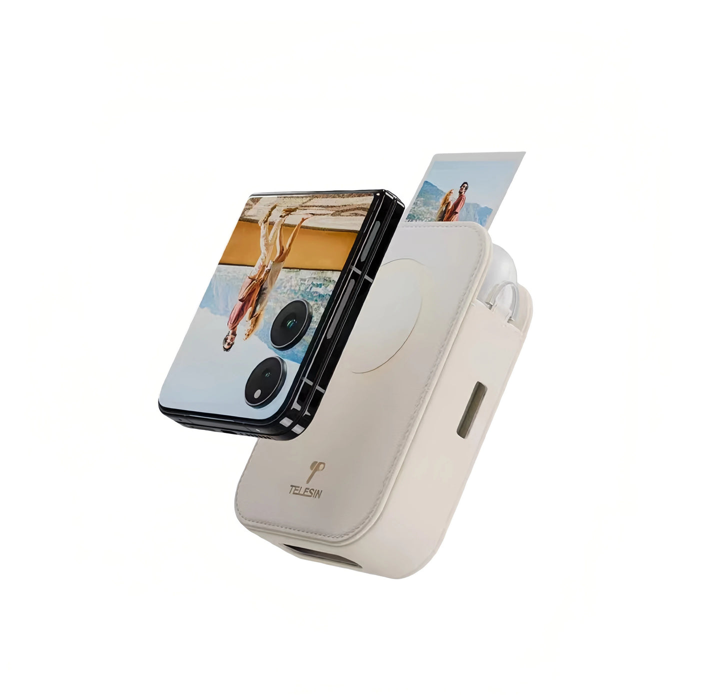Close-up of TELESIN magnetic printer case attached to a flip smartphone. The device prints a photo while maintaining a sleek, retro-inspired design perfect for modern instant photography.