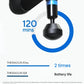 Infographic highlighting Theragun Elite G5’s 120-minute battery life—double the runtime of the previous G3 model.