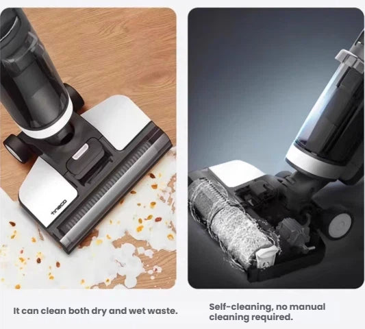 A split image showing the Tineco GO H2O Sense easily cleaning wet and dry messes, alongside a cutaway view of its powerful, hands-free self-cleaning brush roll system.