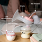 Mum using Tommee Tippee single electric breast pump at home. Pump shows expressed milk in the bottle, with visible LED screen, USB-rechargeable motor unit, and 60-minute timer setting.
