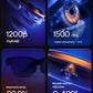 Macro shots highlighting 1200P FHD resolution, 1500-nit brightness, 99.9 % electrochromic shading, and 0-400° myopia dial on VITURE Luma Ultra XR glasses.
