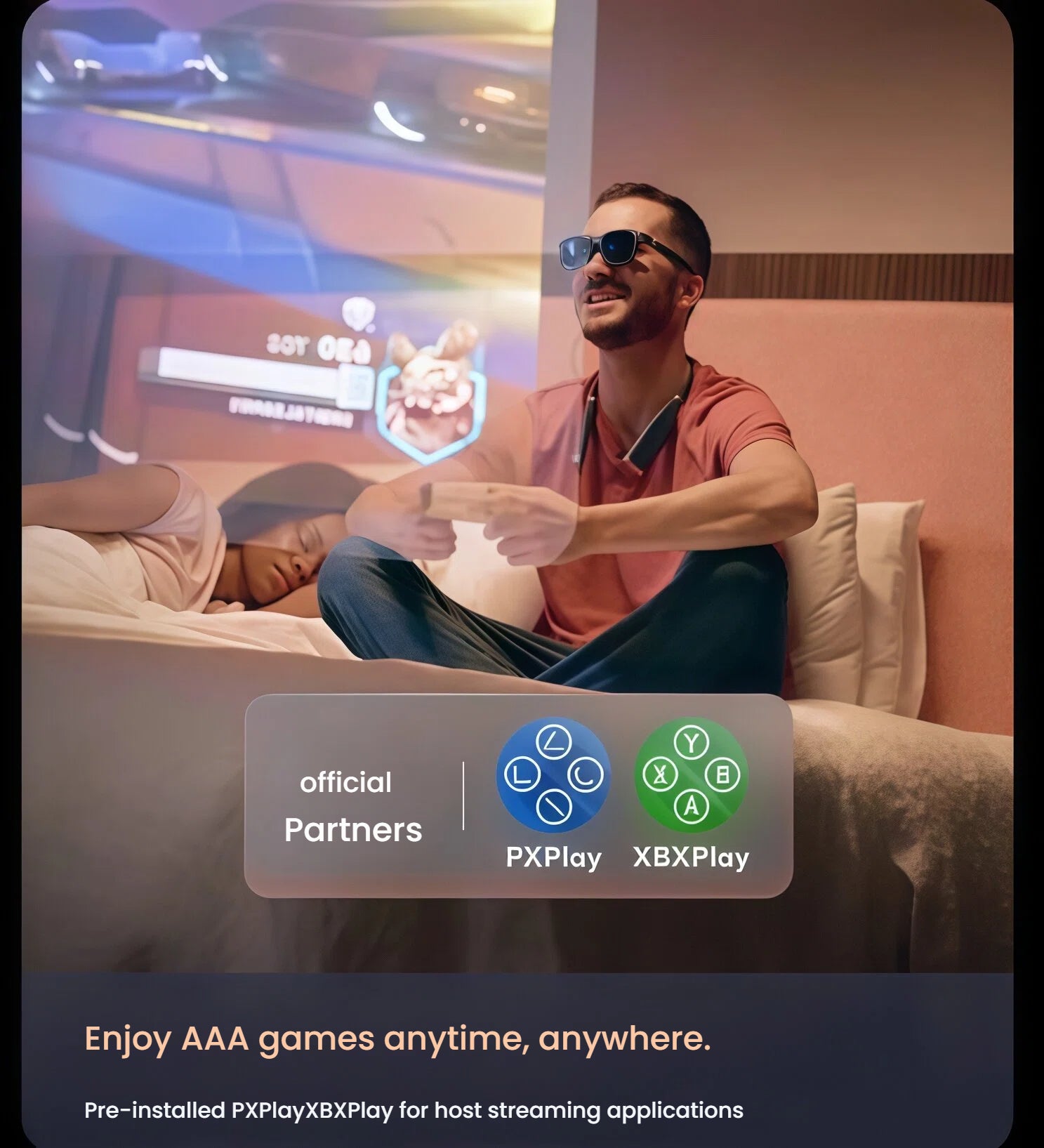 Man wearing XR glasses and VITURE One Neckband, streaming AAA games via PXPlay/XBXPlay while partner sleeps.