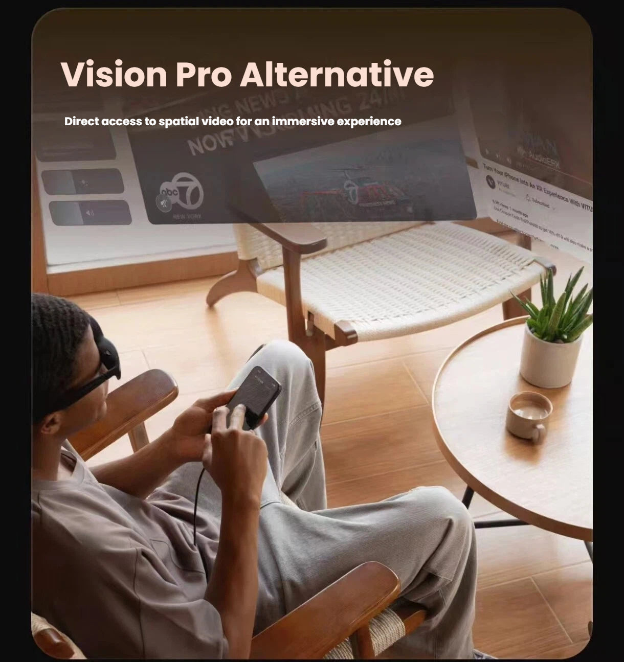 Person enjoying spatial video content through VITURE Pro XR glasses while browsing news on a smartphone – seamless integration of AR visuals and real-world environment
