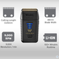 Wahl Shaver specifications including cutting length, blade width, RPM, and battery runtime, emphasizing its high performance.
