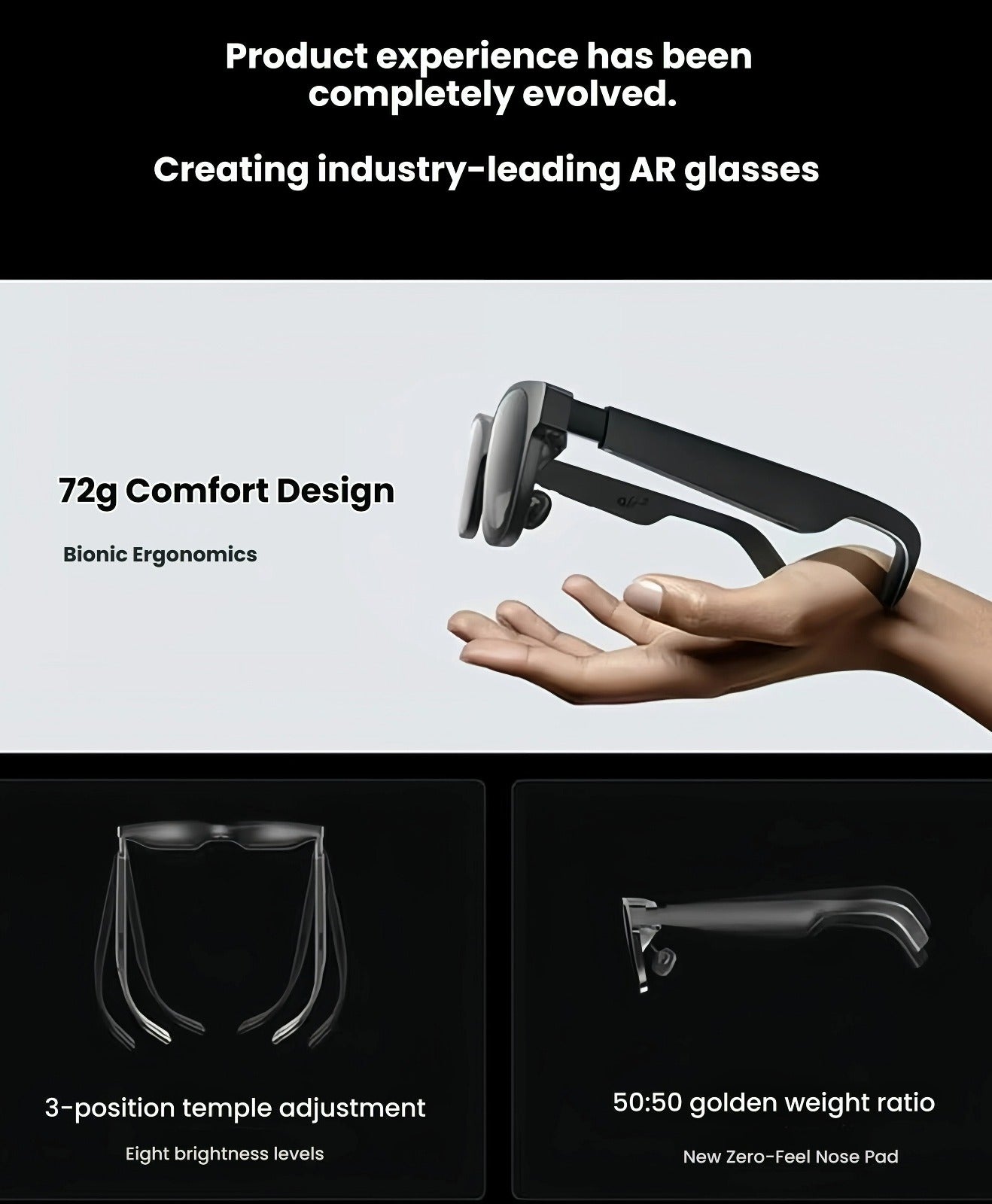 Infographic detailing 72 g weight, 3-position temple adjustment, eight brightness levels, and 50:50 golden weight ratio with zero-feel nose pad.