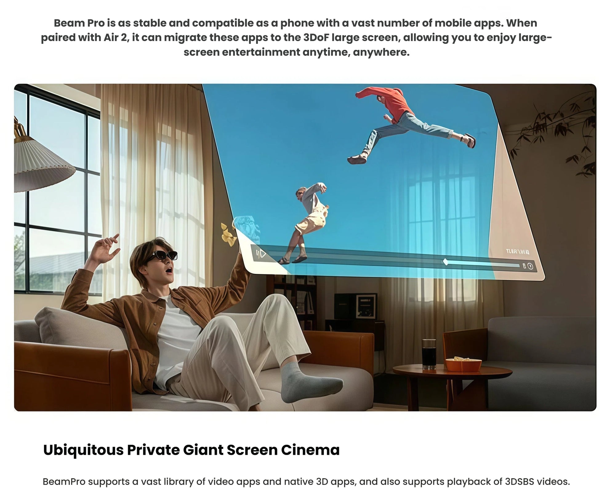 Man on sofa using XREAL Air 2 with Beam Pro to stream a 330-inch virtual screen, showcasing ubiquitous private cinema experience.