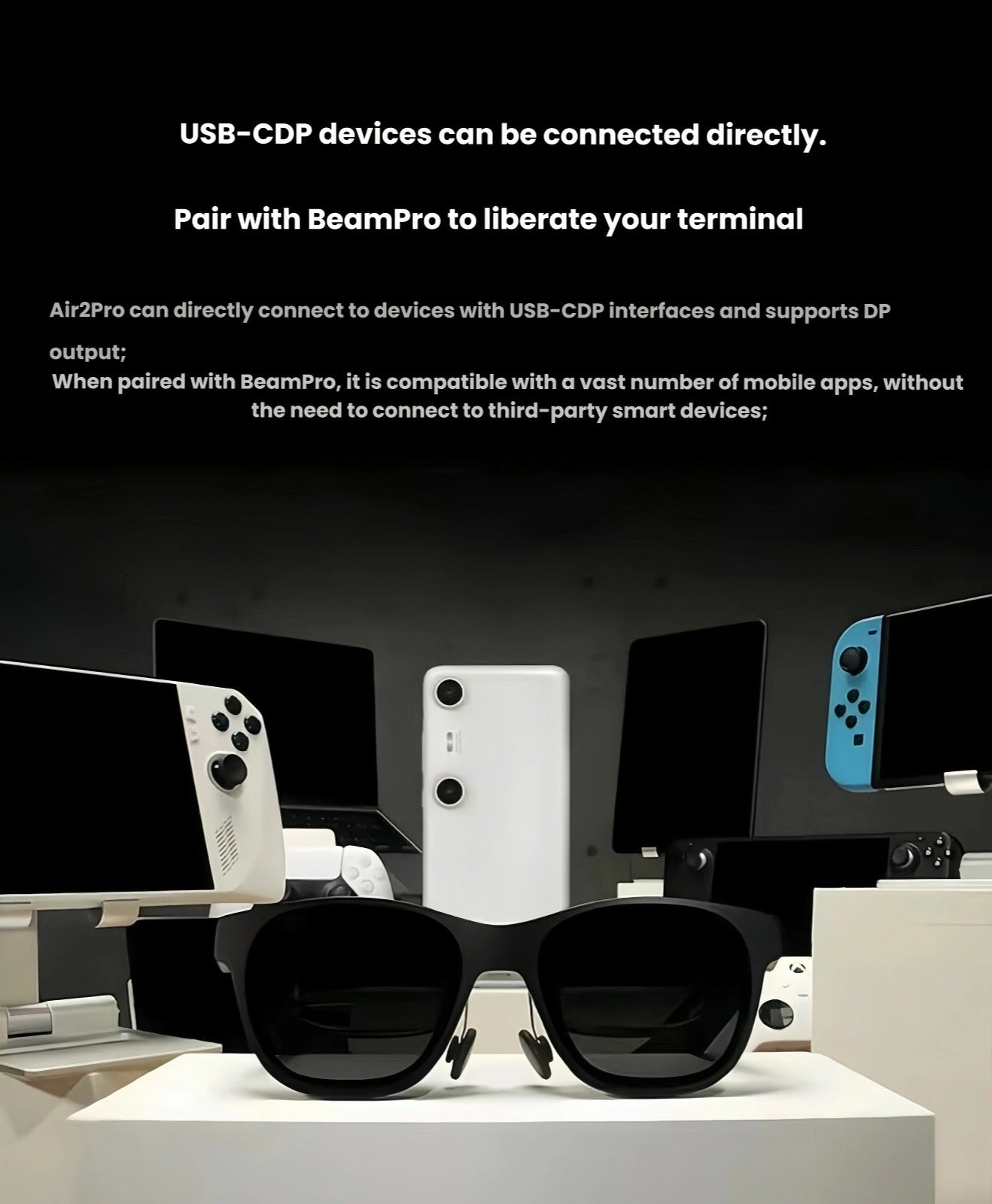 XREAL Air 2 glasses centered among Switch, Steam Deck, iPhone, and Android devices, illustrating plug-and-play USB-C DP compatibility.