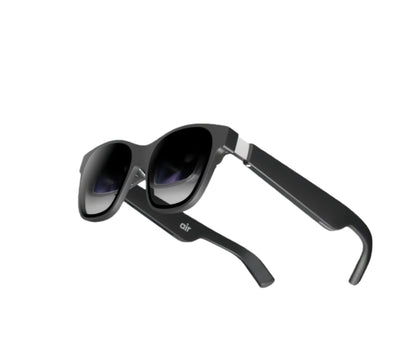 Studio shot of folded black XREAL Air 2 AR glasses, highlighting sleek, travel-ready design.