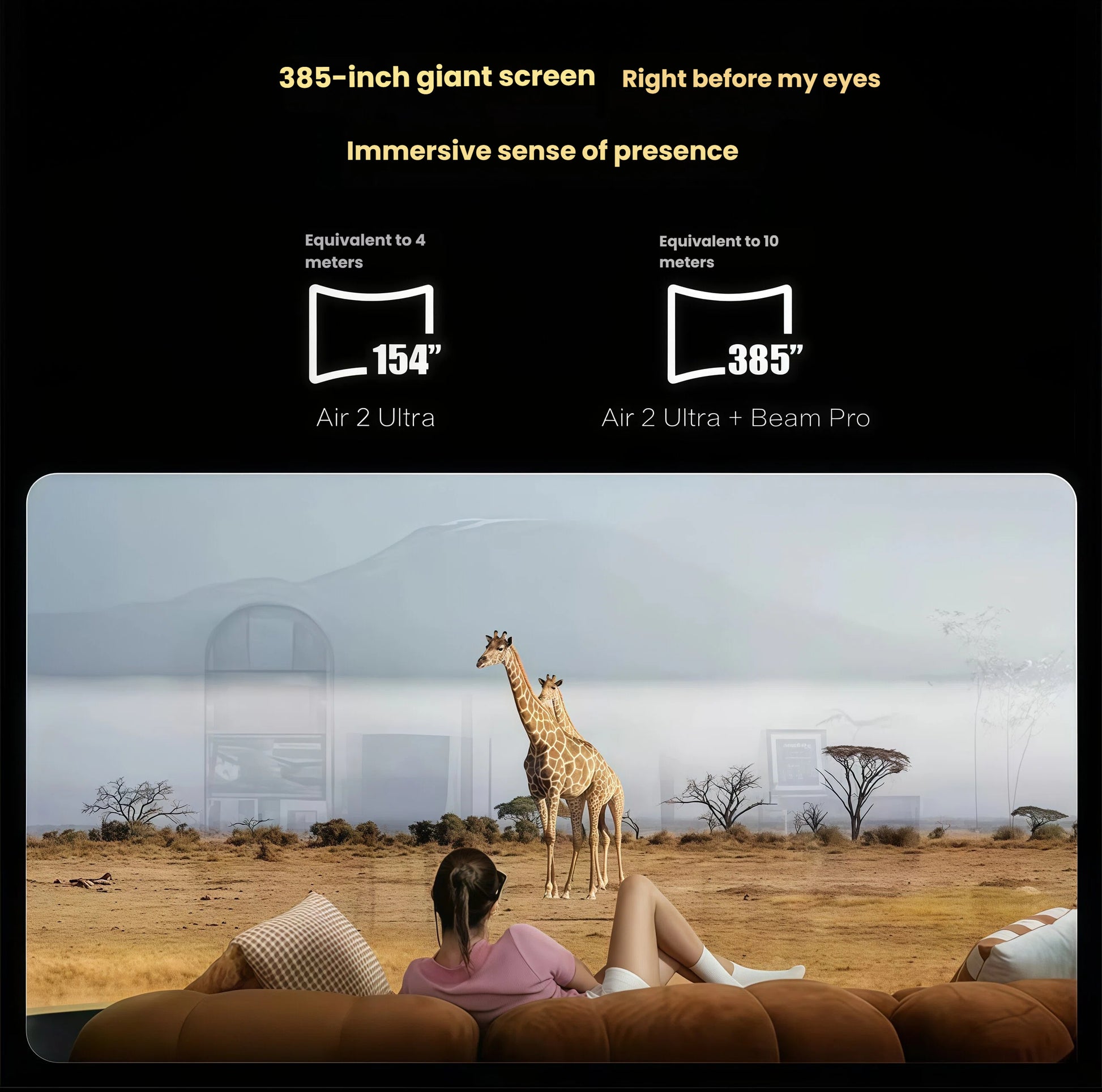 Side-by-side comparison showing 154-inch (4 m) and 385-inch (10 m) virtual screens achievable with XREAL Air 2 Ultra and Beam Pro.