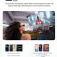 Woman in café using XREAL One AR glasses to view 1080P floating screen from USB-C smartphone/tablet.