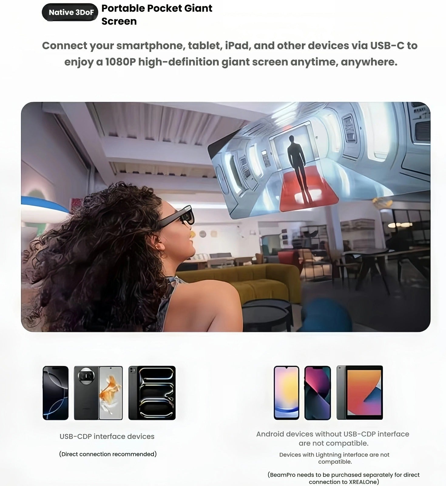 Woman in café using XREAL One AR glasses to view 1080P floating screen from USB-C smartphone/tablet.