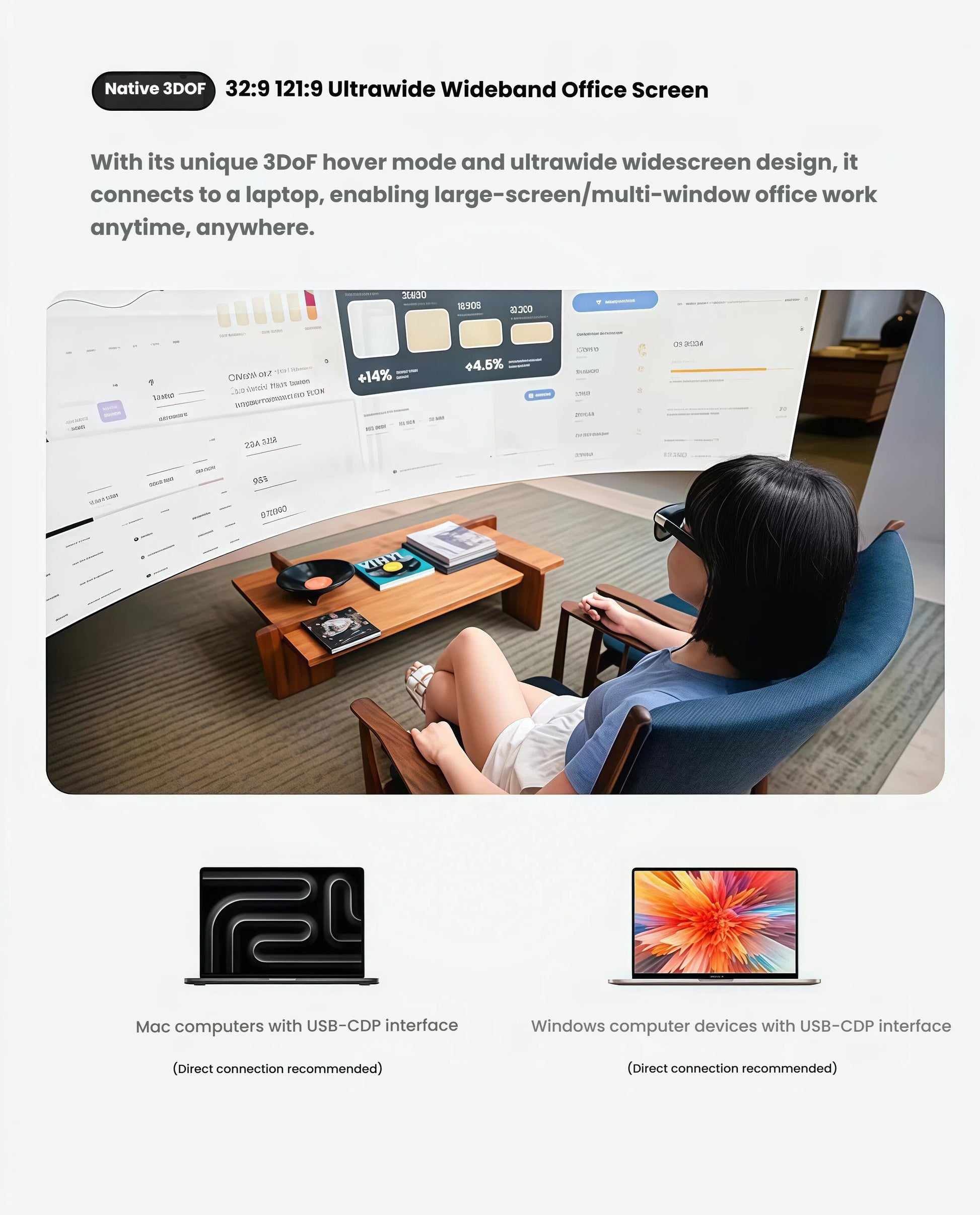 User working on floating 32:9 ultrawide screen via XREAL One AR glasses connected to Mac/Windows USB-C DP.