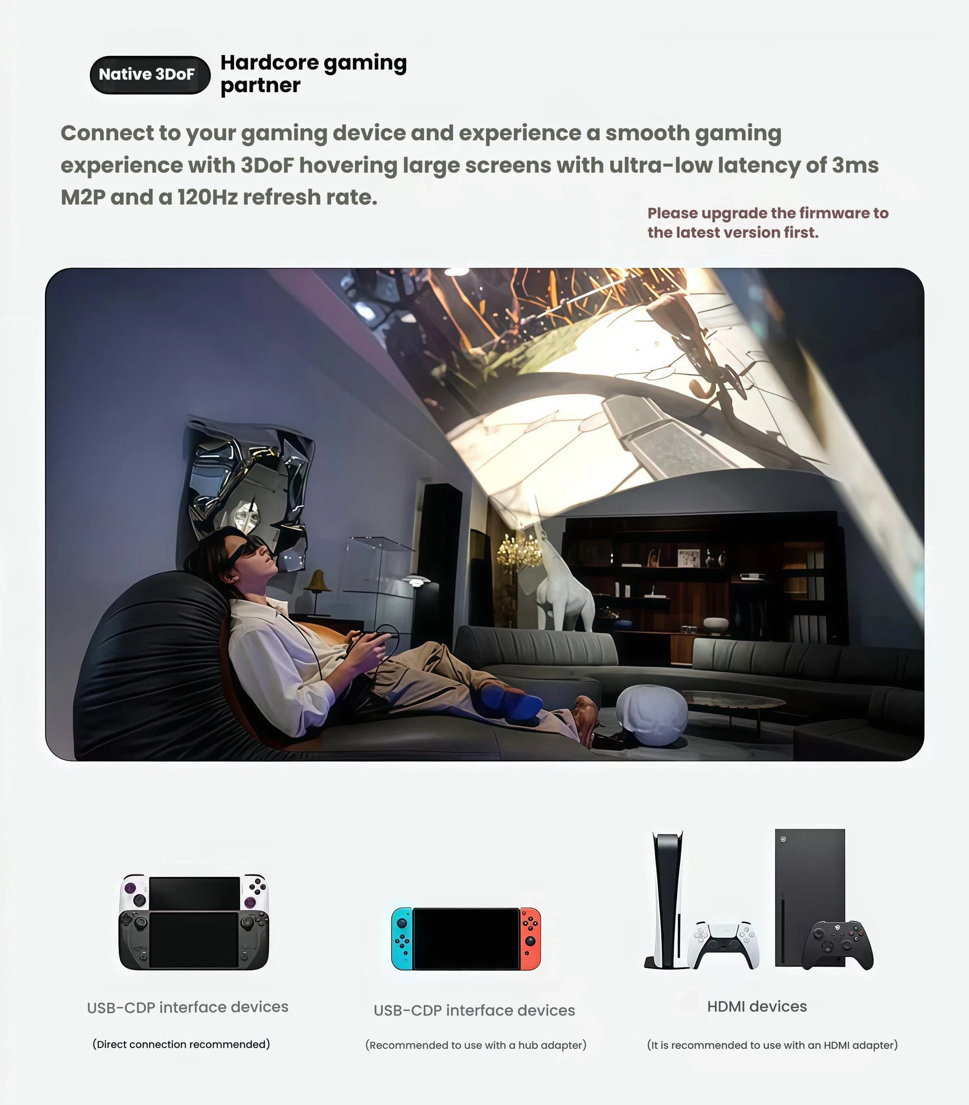 Gamer on sofa using XREAL One AR glasses with 3DoF, 120 Hz, and 3 ms latency for console gaming.
