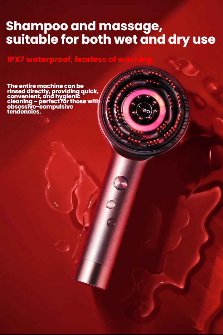 Breo S3 scalp massager IPX7 waterproof for wet and dry use in the shower, red