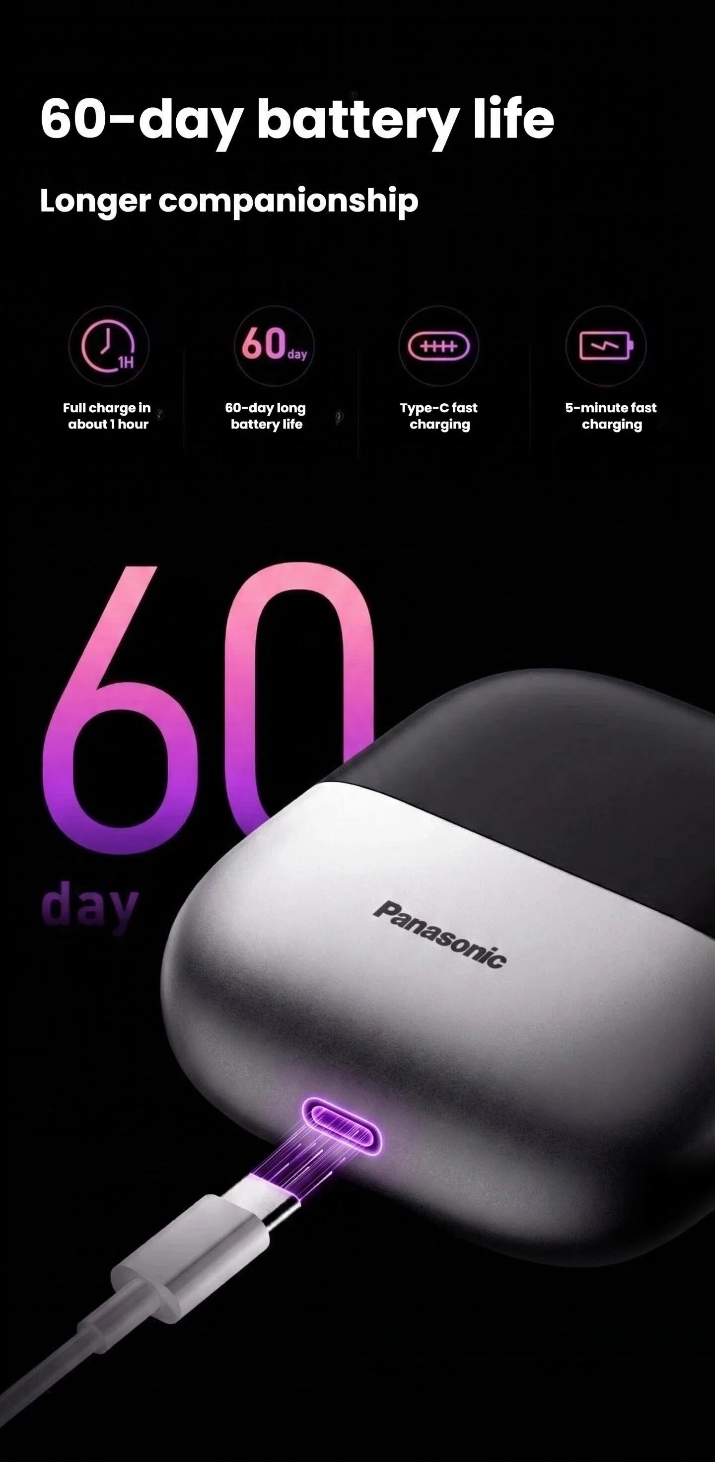 Panasonic compact shaver charging case with USB Type-C fast charging port