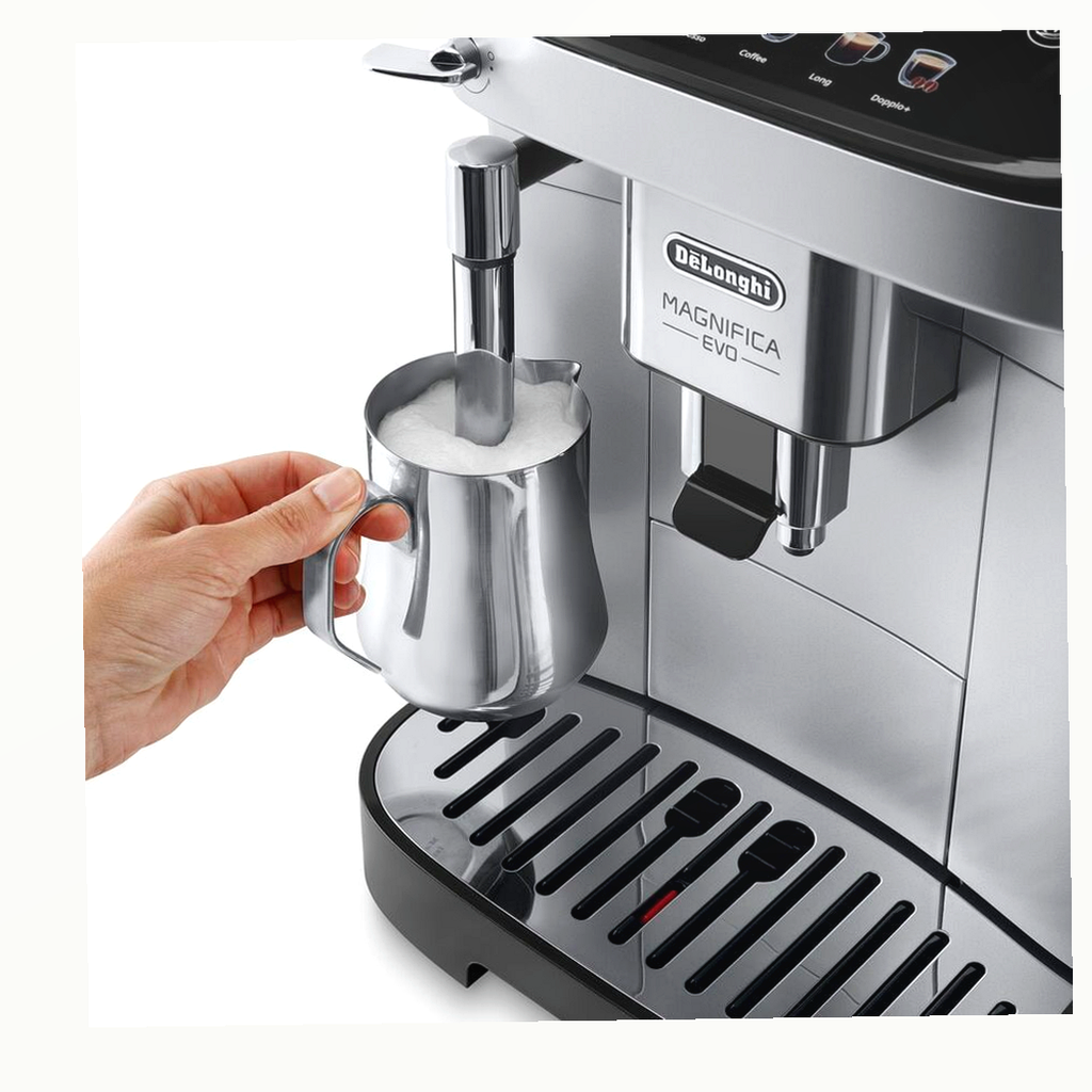 De'Longhi Magnifica Evo Fully Automatic Coffee Machine Silver Black angle image