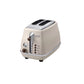 Side profile view of the De'Longhi Icona Vintage 2-Slice Toaster (CTOV2003) in a classic retro cream beige finish with chrome accents.