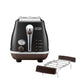 De'Longhi lcona Capitals 2 Slice De'Longhi Icona Vintage 2-Slice Toaster in high-gloss black with its separate chrome pastry warming rack displayed alongside.