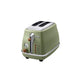 The stylish De'Longhi Icona Vintage 2-Slice Toaster shown in a sophisticated olive green colour, highlighting its retro Italian design.