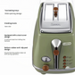 Infographic highlighting the premium design details of the De'Longhi Icona toaster, such as the wide baking trays, retro browning dial, and anti-slip feet.