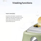 Infographic showing the double-sided baking function of the De'Longhi Icona Vintage toaster, which toasts bread evenly and pops up automatically