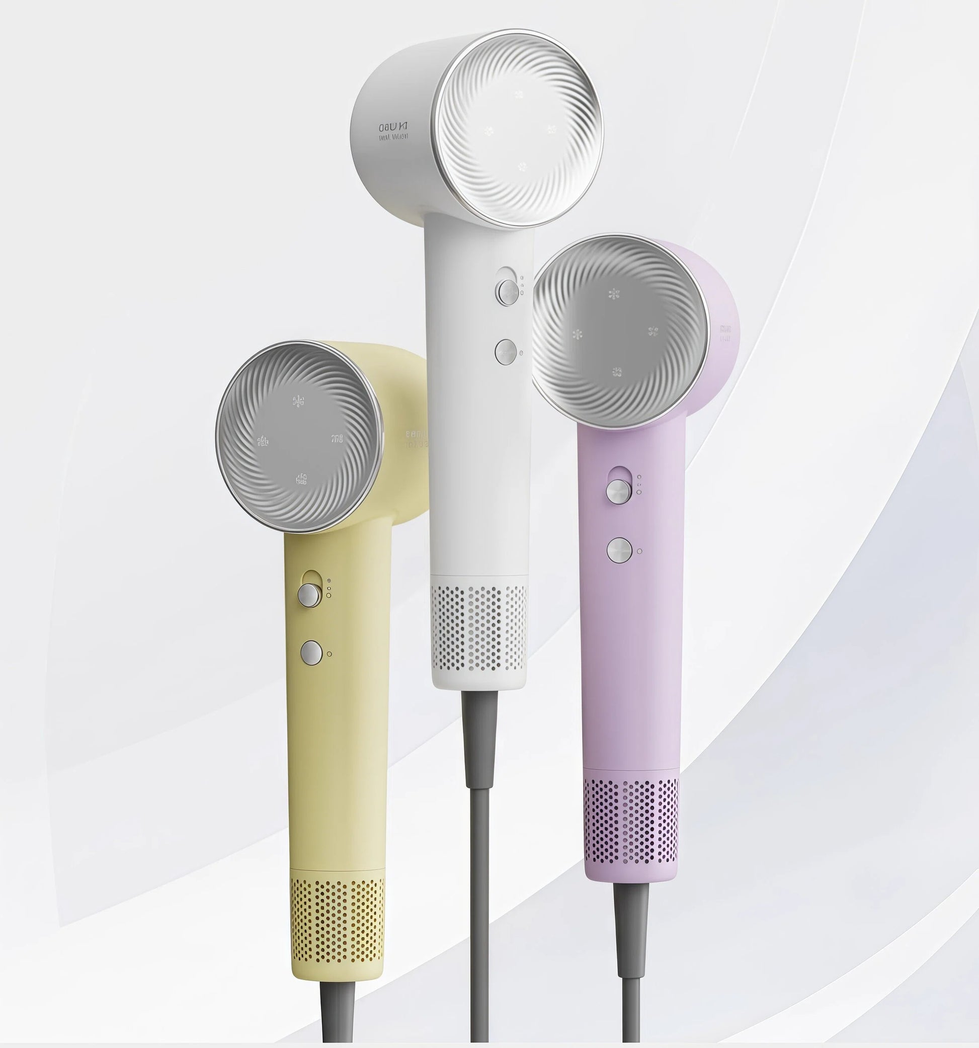 All available stylish color options for the Dreame Hair Glory high-speed hair dryer: Yellow, White, and Pink.