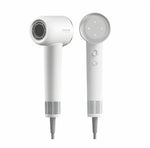  The Dreame Hair Glory high-speed hair dryer in white, showing the front nozzle view and the back view with its button controls and air intake grille.